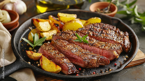 A cast iron plate presents grilled rib-eye steak slices alongside golden potato wedges and a small dish of oil, all elegantly arranged on a table.