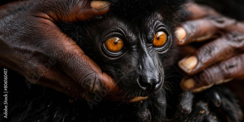 Close-up of an African man holding a black lemur in hands. The work of animal rights activists to preserve the population of rare animals. photo