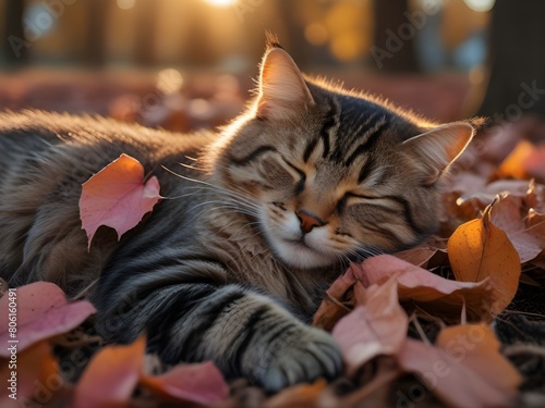 A cat lying on a pink leafy ground