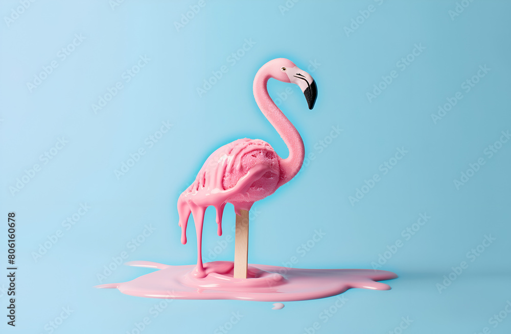 Fototapeta premium llustration créative d'un flamant rose en forme de glace qui fond lentement sur un fond bleu, douceur de l'été tropical