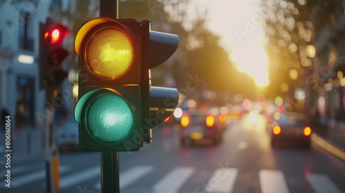 A traffic signal changeover, with lights transitioning smoothly from green to yellow to red, ensuring safe stops and starts for vehicles. photo