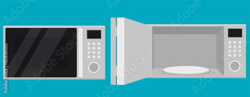 Modern microwave oven with open and closed door. Kitchen electric appliance for cooking food. Vector illustration.