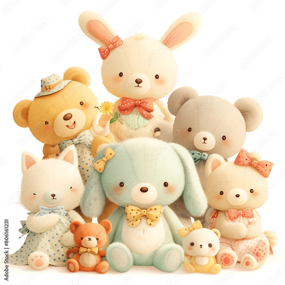 A group of cute stuffed animals sitting together, isolated against a white background, with each animal wearing a colorful bow or accessory A group of cute stuffed animals sitting together, isolated against a white background, with each animal wearing a colorful bow or accessory