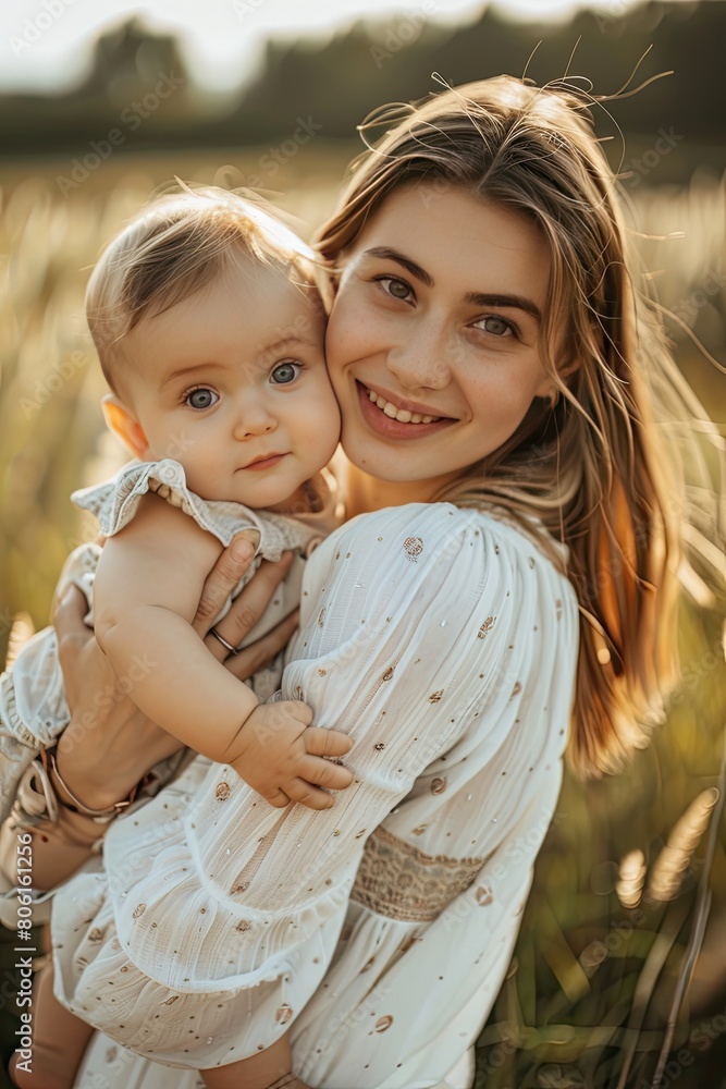 Obraz premium mother with a small child in her arms on the background of the field