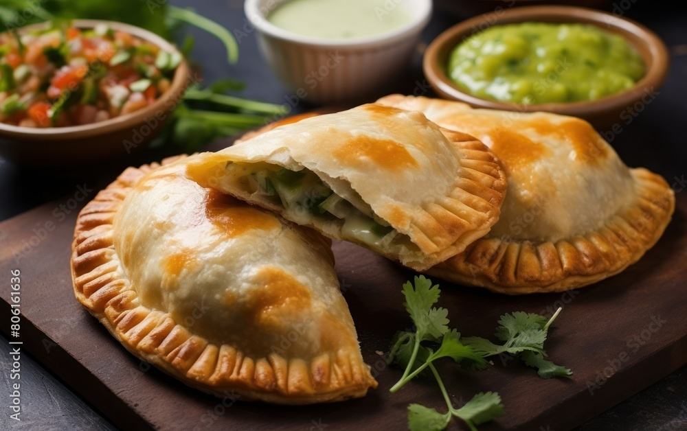 Delicious Empanadas with Dips on Wooden Board Delicious Empanadas with Dips on Wooden Board