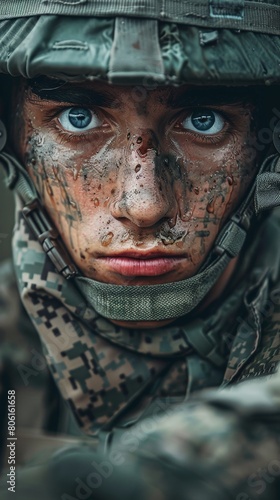 Soldier With Blue Eyes and Camouflage Gear