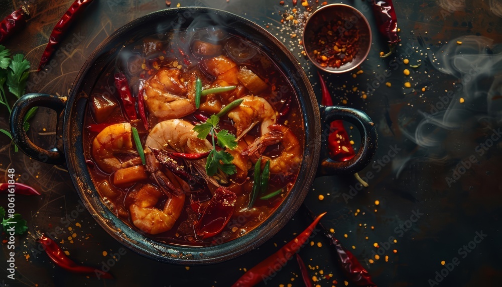 Thai food like spicy tom yum soup is perfect for a food commercial advertisement menu banner, with solid background and copy space on center for advertise Thai food like spicy tom yum soup is perfect for a food commercial advertisement menu banner, with solid background and copy space on center for advertise