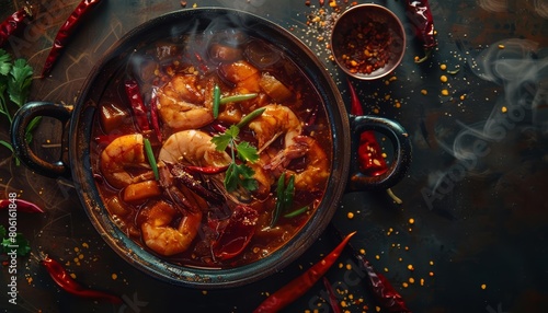 Thai food like spicy tom yum soup is perfect for a food commercial advertisement menu banner, with solid background and copy space on center for advertise photo