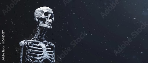 The depiction of a detailed human skeleton on a dark backdrop elevates the futuristic science research banner, Sharpen banner template with copy space on center