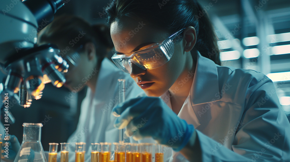 Scientist check chemical food residues in laboratory. Control experts inspect quality of fruits Scientist check chemical food residues in laboratory. Control experts inspect quality of fruits