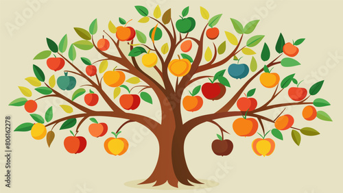 The branches of the tree of Gratitude are weighed down with ripe colorful fruit a visual representation of the rewards of gratefulness.. Vector illustration