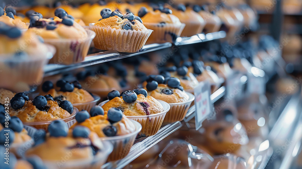  Rows of packaged blueberry muffins in a store