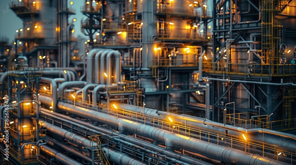 Close up Modern industrial plant or oil refinery petrochemical chemical processing factory. Generative AI.
