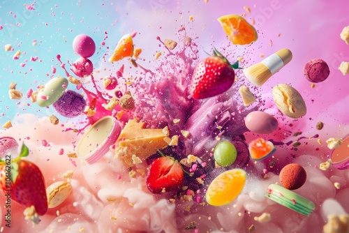 Vegan cosmetics flying in a cosmetic food explosion