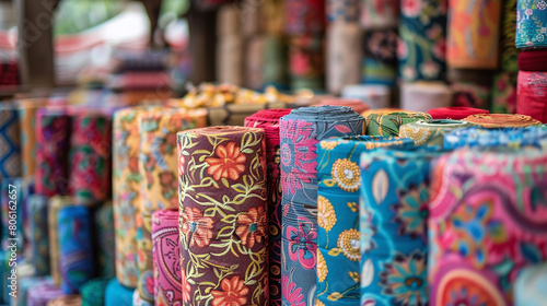 Colorful fabric rolls displayed in a traditional market