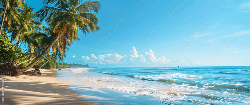 Tropical beach with palm trees and the sea in the background