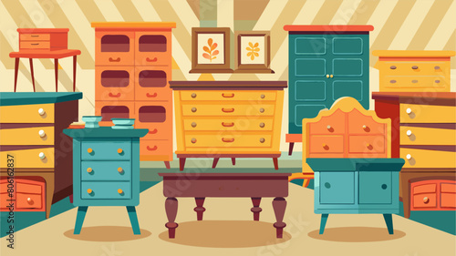 A workshop filled with meticulously restored vintage dressers each one unique and full of character.. Vector illustration