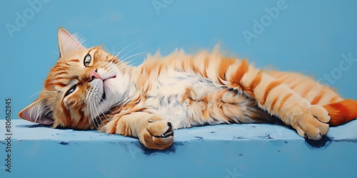 Impudent cat in unbridled pose lies on blue background, concept of Playful feline © koldunova