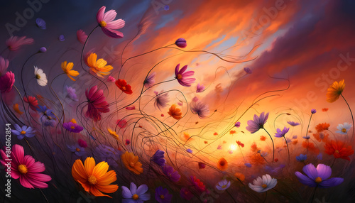 Fiery Twilight Dance  Vivid Wildflowers Under a Dramatic Sunset Sky