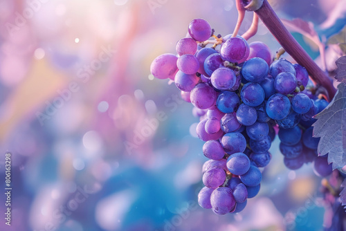 Beautiful Purple Grapes Vineyard with Blue Sky and Purple Leaves Background in a Sunny Day
