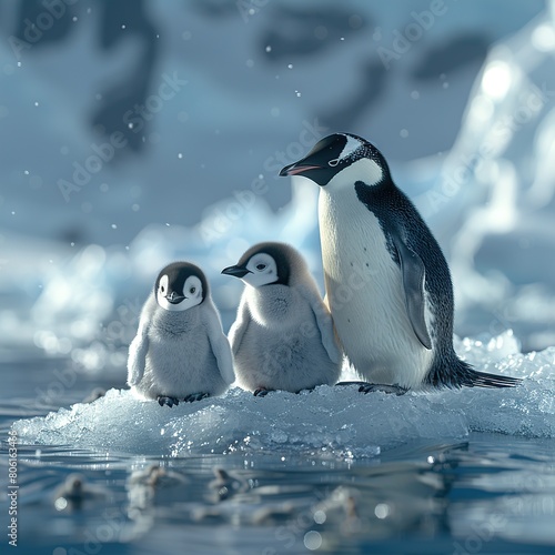 Baby penguin and his mother walking in the Antarctic ocean on a beautiful sunny day.