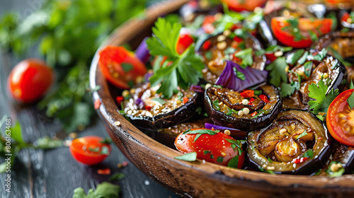 Vegetarian Eggplant Salad with Baked Aubergine, Cherry Tomatoes and Cilantro