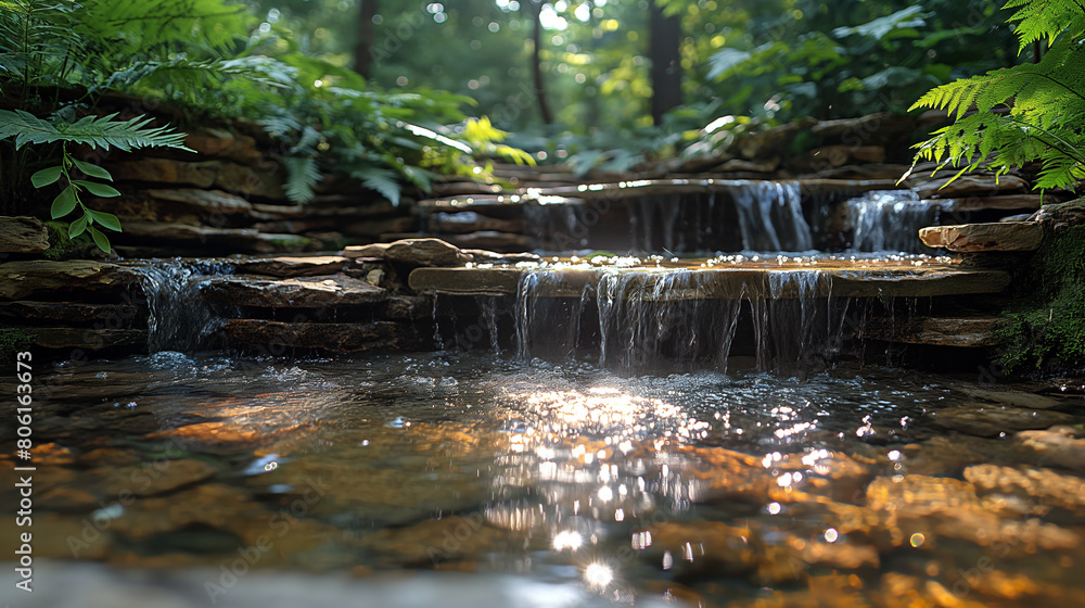 Fototapeta premium Garden waterfall with clean water flowing down to always wash hands. Stone platform in 3D forest, waterfall and stream on background.