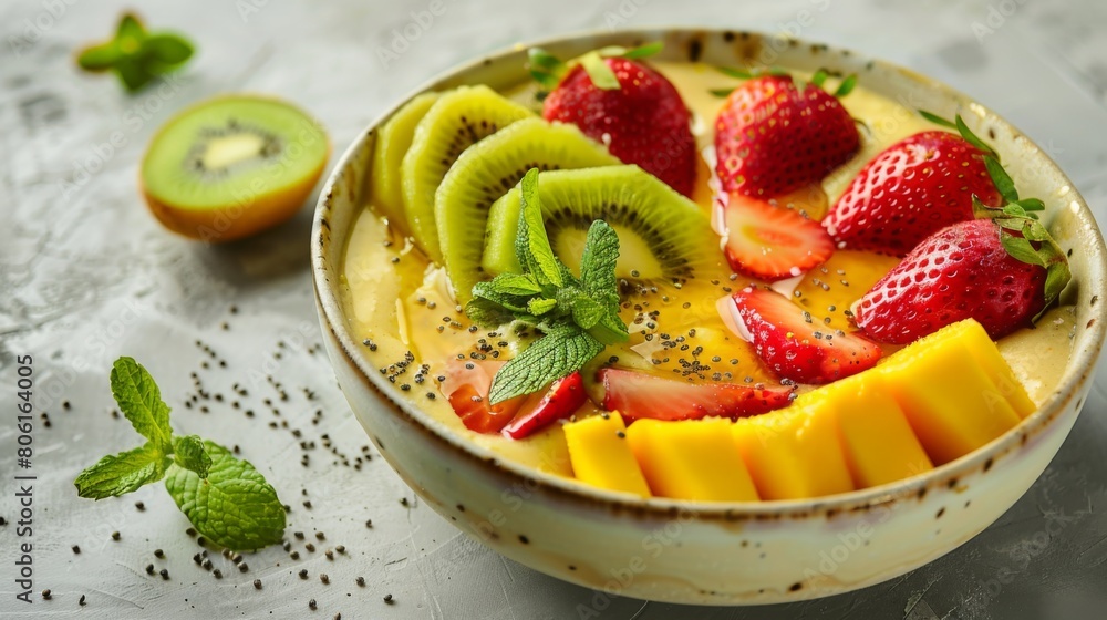 A tropical fruit smoothie bowl topped with sliced strawberries, kiwi, and mango, drizzled with honey for a naturally sweet and refreshing treat. A tropical fruit smoothie bowl topped with sliced strawberries, kiwi, and mango, drizzled with honey for a naturally sweet and refreshing treat.