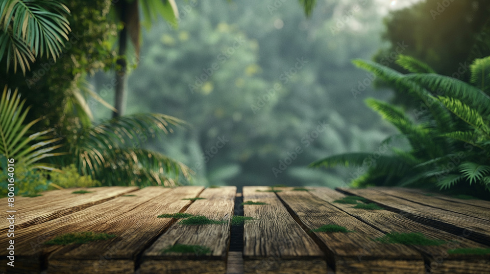 Empty rustic wooden table with tree background and nature Tropical green leaves flowers background To display and present products Empty rustic wooden table with tree background and nature Tropical green leaves flowers background To display and present products