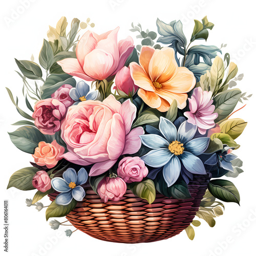 A classic clip art of a beautiful flower Wicker baskets, pastel colour, overflowing with assorted blooms and greenery, beautiful modern style, single objects, isolated on white background.