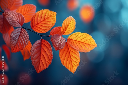 Vibrant orange leaves against a blue backdrop