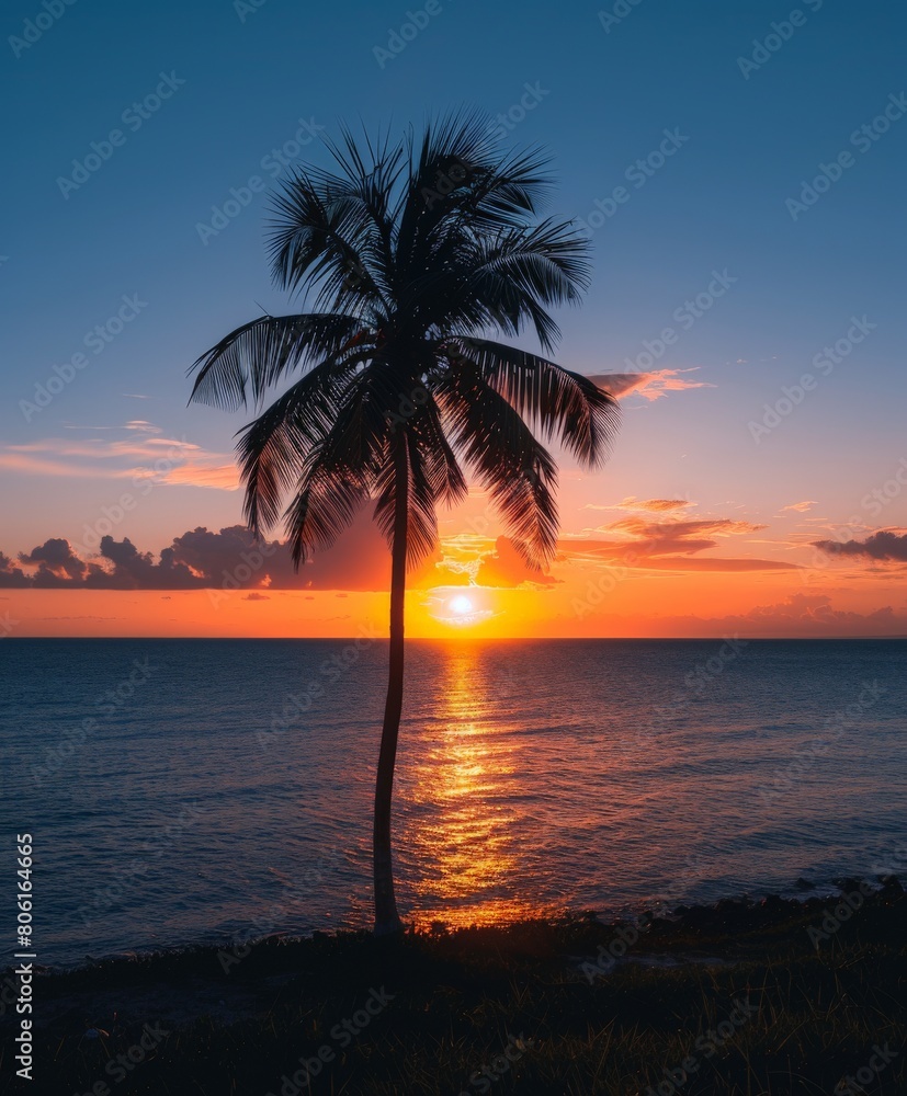 Palm Tree Silhouetted at Sunset Over Ocean