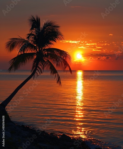 Palm Tree on Beach at Sunset