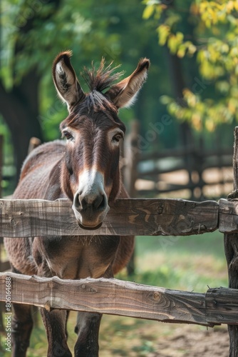 donkey close-up on a farm background photo