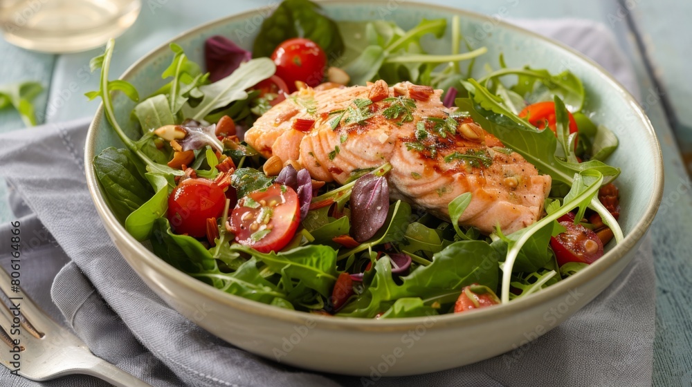 A vibrant salad bowl filled with mixed greens, cherry tomatoes, and flaked salmon, drizzled with tangy vinaigrette for a refreshing dish. A vibrant salad bowl filled with mixed greens, cherry tomatoes, and flaked salmon, drizzled with tangy vinaigrette for a refreshing dish.
