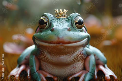 Close up of crowned frog with lake background