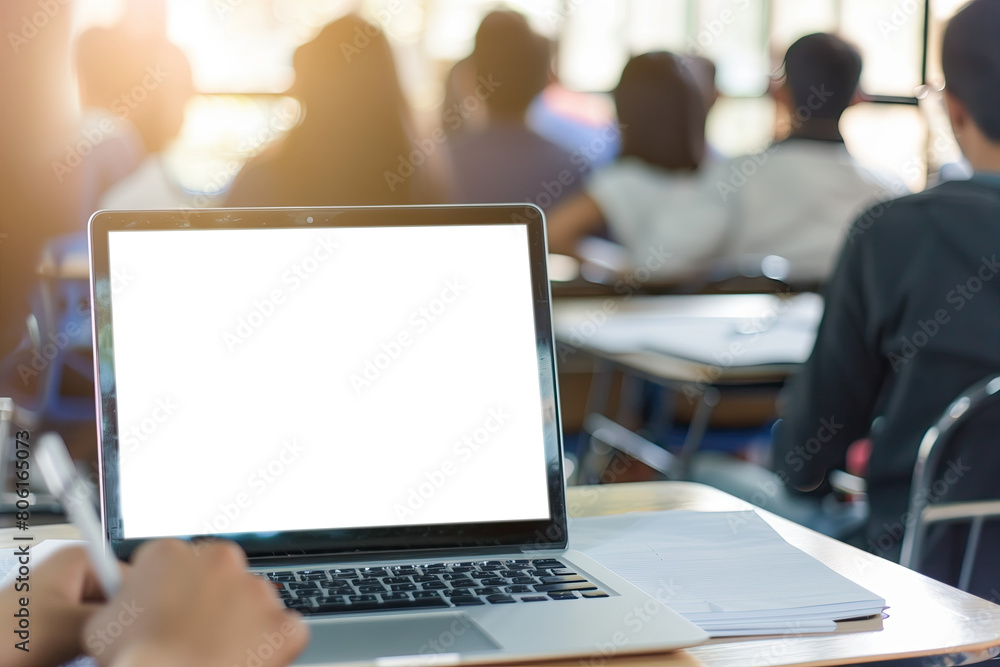 Laptop mockup in front of people taking an exam, white screen on the laptop with no text or images showing through to display, blurred background of students sitting at desks doing paper-based exams. Laptop mockup in front of people taking an exam, white screen on the laptop with no text or images showing through to display, blurred background of students sitting at desks doing paper-based exams.