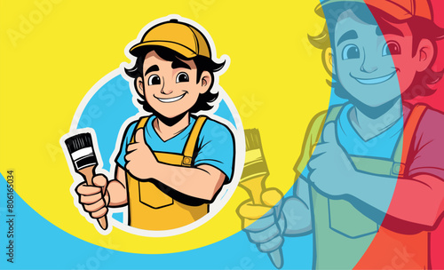 Premium vector of man mascot, smiling painter cartoon, house painter boy logo