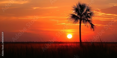 Sun Setting Behind Palm Tree