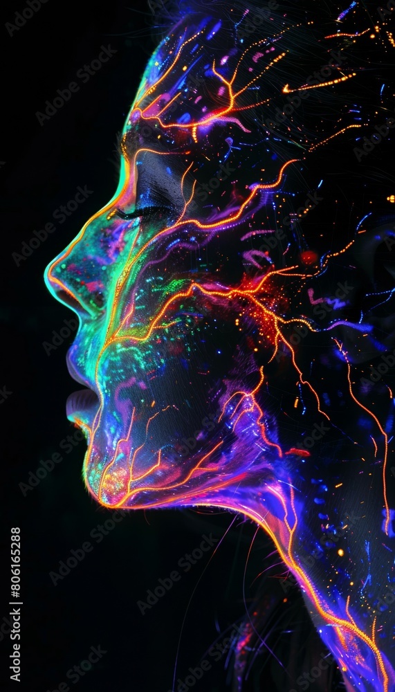 woman head connected to global web with wireless interface, female consciousness integrated in cyberspace, human and digital transformation concept woman head connected to global web with wireless interface, female consciousness integrated in cyberspace, human and digital transformation concept