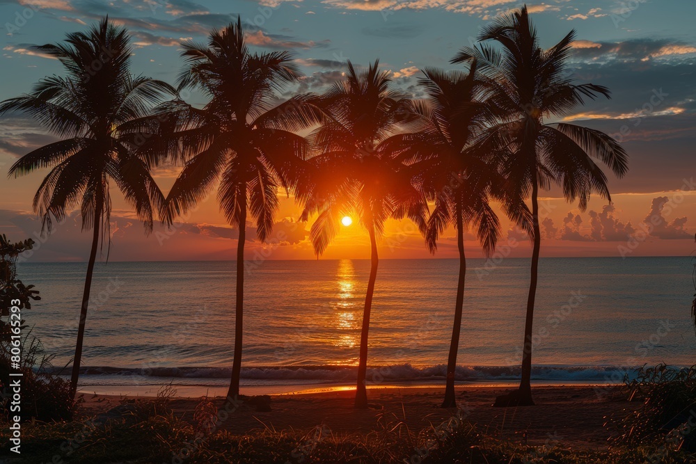 Silhouette Palm Trees Against Ocean at Sunset