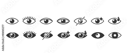 Vector Eye Icons, Distinctive Stylized Designs Represent Vision, Observation, Beauty, And Concealment, Eye Symbols Set