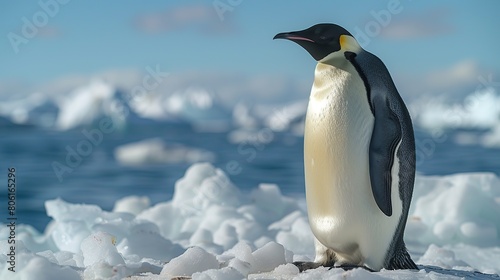 A penguin in the Antarctic standing on ice with a clear blue sky and ocean in the background.