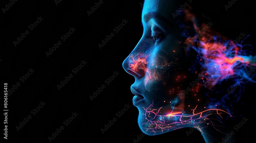 woman head connected to global web with wireless interface, female consciousness integrated in cyberspace, human and digital transformation concept woman head connected to global web with wireless interface, female consciousness integrated in cyberspace, human and digital transformation concept