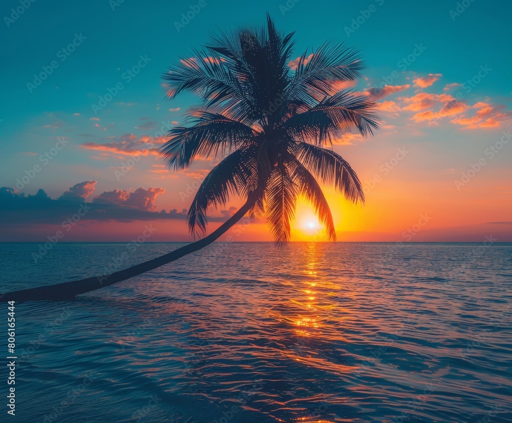 Palm Tree Silhouette in Ocean at Sunset