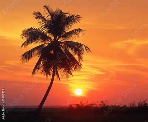 Silhouetted Palm Tree Against Sunset