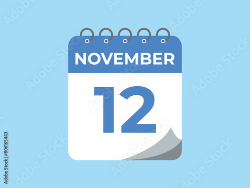 November  12 calendar reminder. 12 November  daily calendar icon template. Calendar 12 November  icon Design template. Vector illustration
