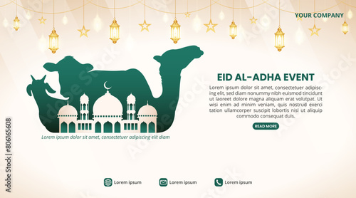 Eid Al Adha event background with animal silhouette and a mosque
