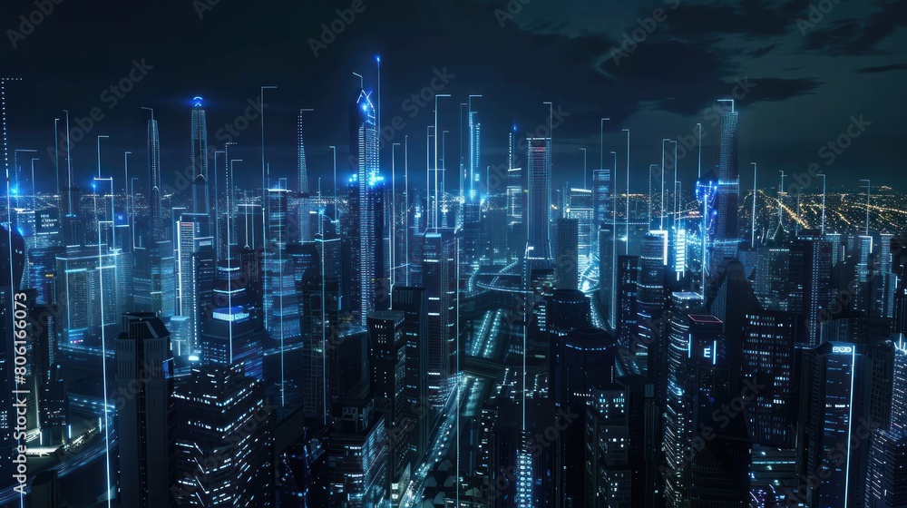 smart city connected with lines and dots, big data connection technology metaverse concept. City background
