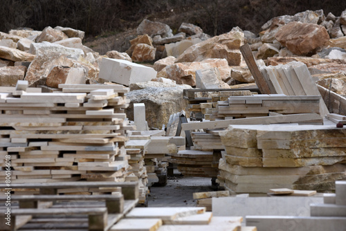 Stacked limestone slabs and tiles